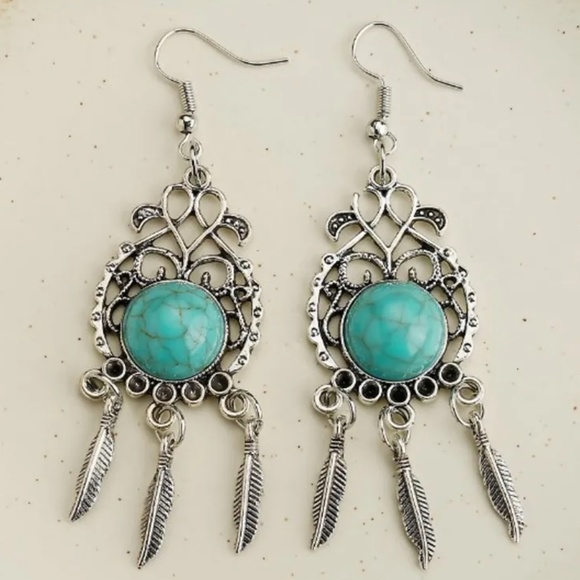 Bohemian Geometric Water Droplets Inlay Alloy Turquoise Drop Earrings - Picture 1 of 2